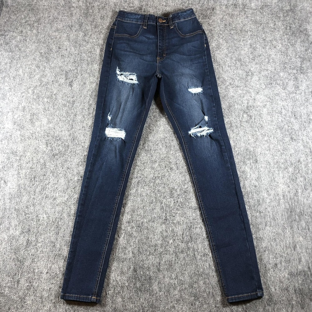 Fashion Nova Jeans Juniors 7(28) Medium Wash High Rise Skinny Distressed‎ Denim